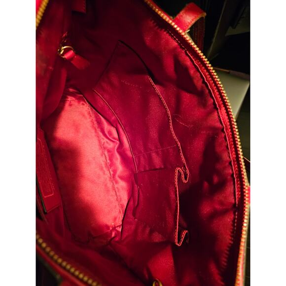 Coach Purse: Beige Signature Canvas + Red Patent Leather, Authentic Zipped Tote - Picture 7 of 13